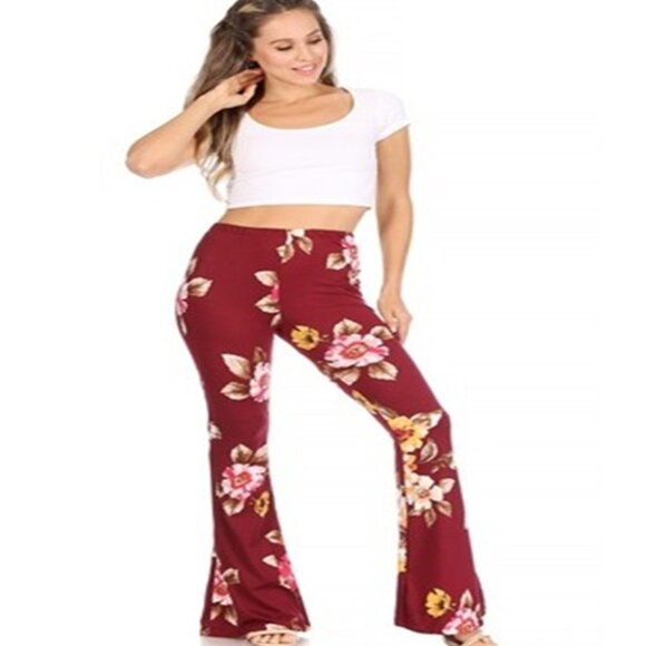 Women's High Waist Buttery Soft Flare Leggings Burgundy Flower Print Size S - L - Picture 1 of 2
